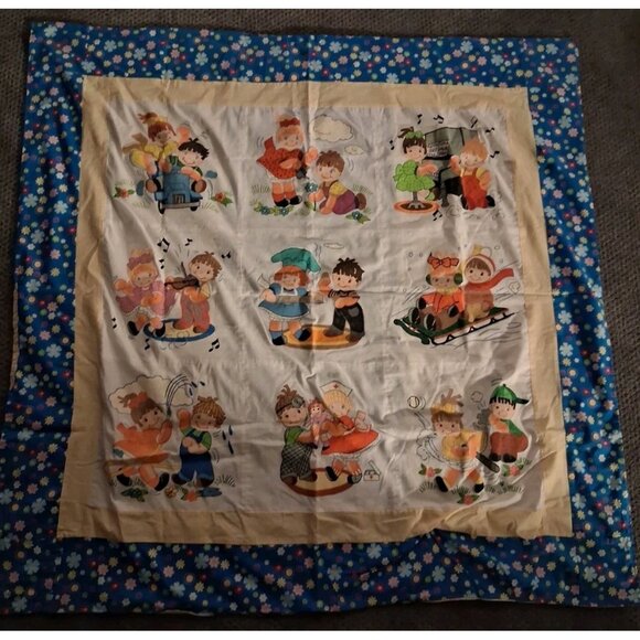 Vintage Handmade Artex Painted Baby Crib Quilt 9 Squares Kids 48" x 48" Blanket - Picture 1 of 16